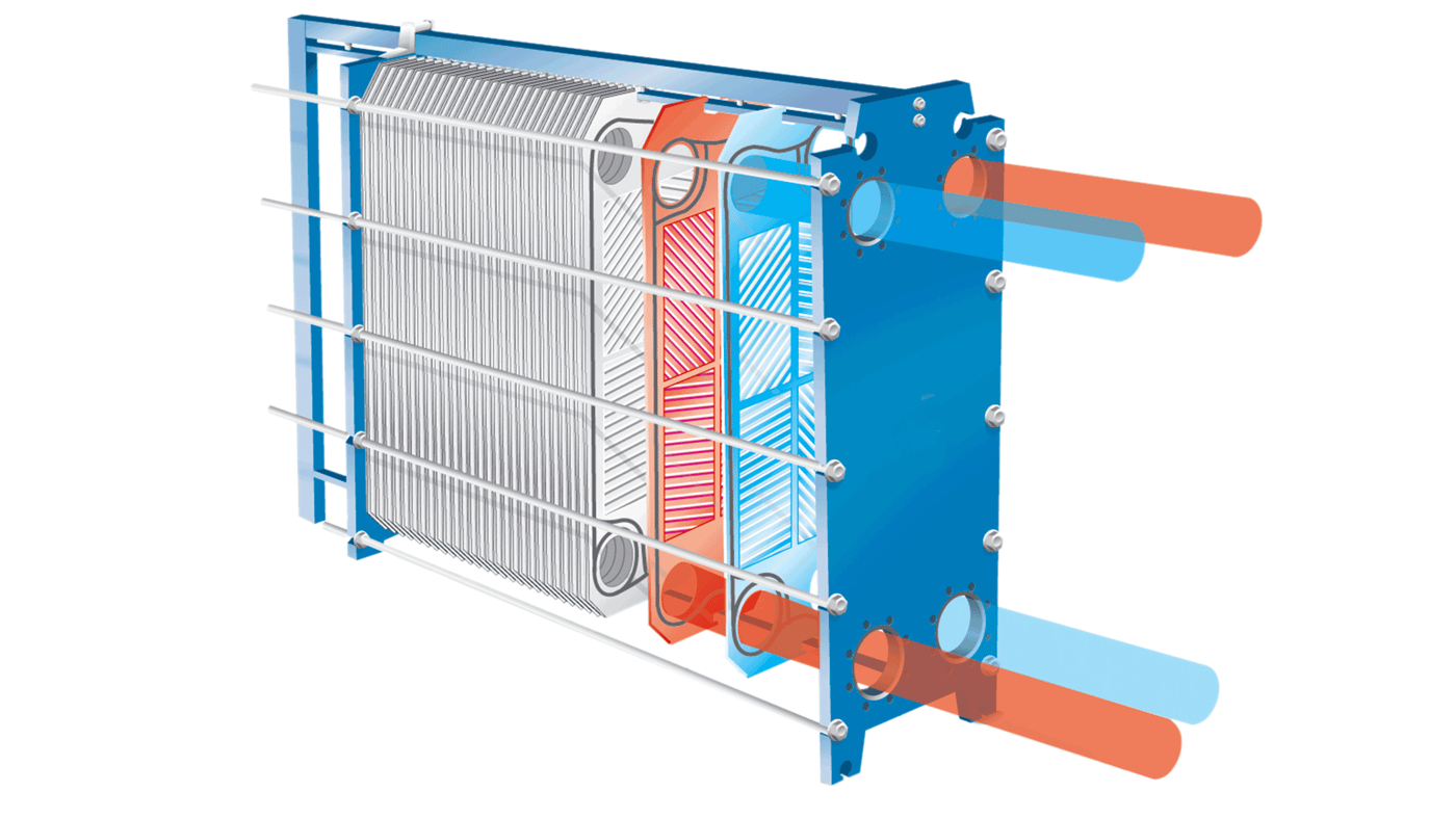 Gasketed plate and frame heat exchanger cross section